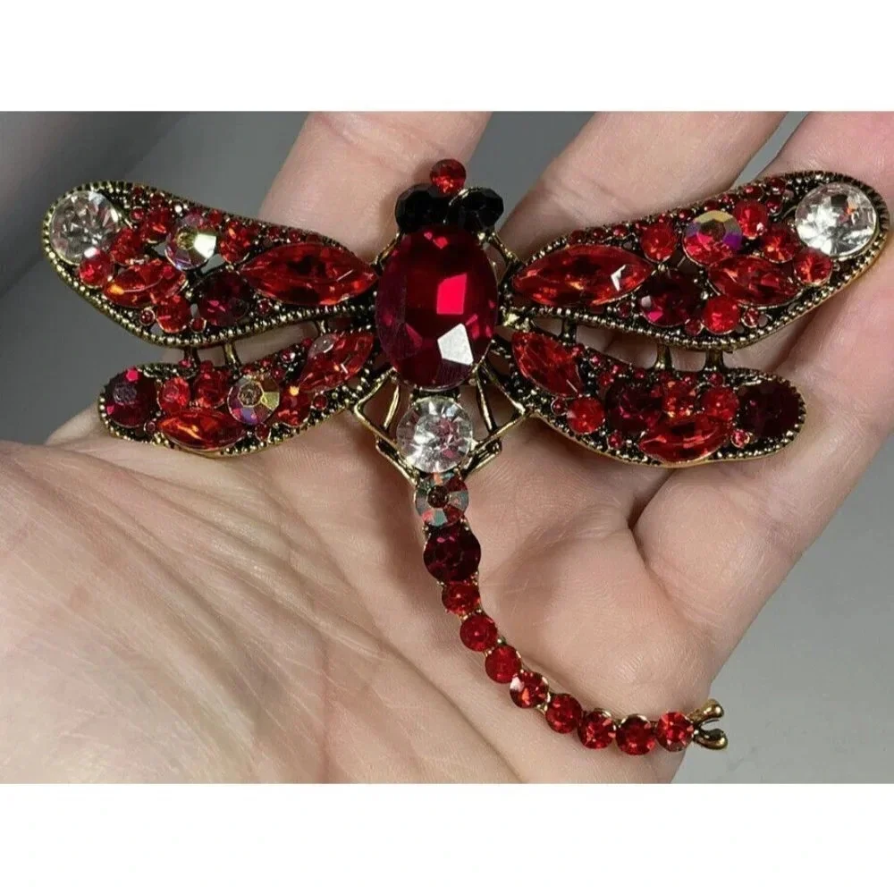 Gold Tone Metal Large Red‎ Rhinestone Dragonfly Brooch Pin Pendant Statement